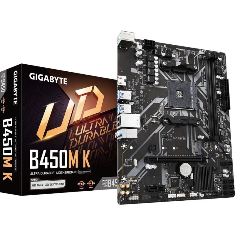 "Gigabyte B450M K AMD AM4 motherboard with micro ATX form factor, supporting Ryzen processors, DDR4 memory, and high-speed storage options."