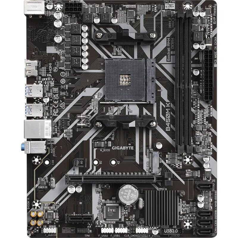 "Gigabyte B450M K AMD AM4 motherboard with micro ATX form factor, supporting Ryzen processors, DDR4 memory, and high-speed storage options."