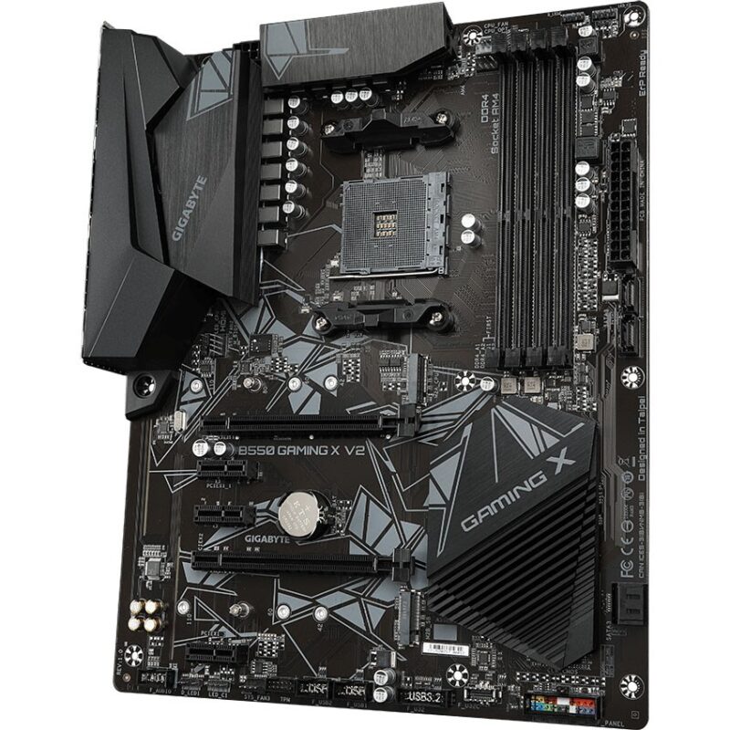 "Gigabyte B550 Gaming X V2 motherboard featuring AMD B550 chipset, dual M.2 slots, PCIe 4.0 support, RGB Fusion lighting, and robust VRM cooling design, ideal for gaming and high-performance PC builds."