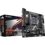 "Front view of the Gigabyte B550M AORUS ELITE Rev. 1.3 motherboard with AM4 socket, PCIe 4.0 support, DDR4 memory slots, and dual M.2 slots for high-speed storage."