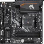 "Front view of the Gigabyte B550M AORUS ELITE Rev. 1.3 motherboard with AM4 socket, PCIe 4.0 support, DDR4 memory slots, and dual M.2 slots for high-speed storage."
