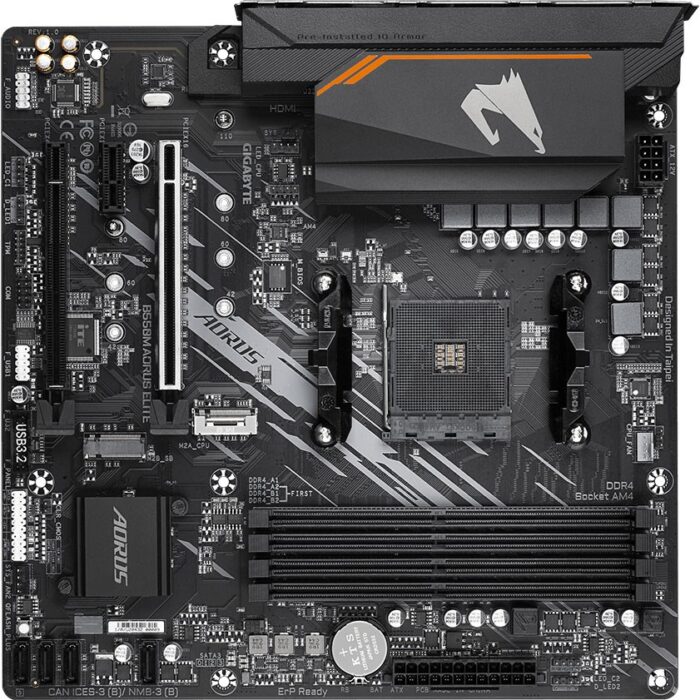 "Front view of the Gigabyte B550M AORUS ELITE Rev. 1.3 motherboard with AM4 socket, PCIe 4.0 support, DDR4 memory slots, and dual M.2 slots for high-speed storage."
