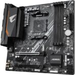 "Front view of the Gigabyte B550M AORUS ELITE Rev. 1.3 motherboard with AM4 socket, PCIe 4.0 support, DDR4 memory slots, and dual M.2 slots for high-speed storage."