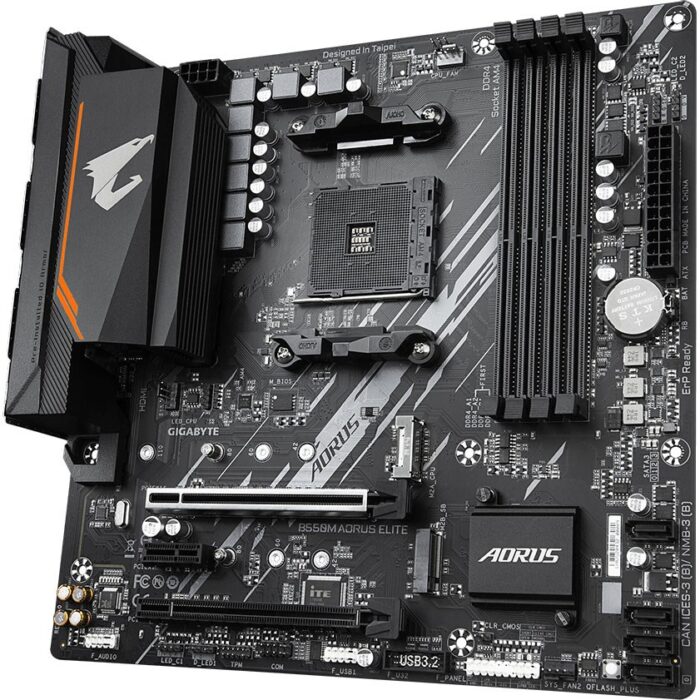 "Front view of the Gigabyte B550M AORUS ELITE Rev. 1.3 motherboard with AM4 socket, PCIe 4.0 support, DDR4 memory slots, and dual M.2 slots for high-speed storage."