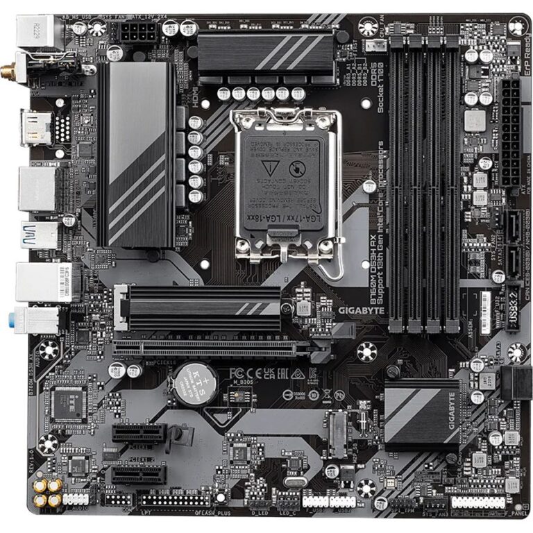 "Gigabyte B760M DS3H AX DDR5 Intel motherboard with LGA1700 socket, PCIe 4.0, Wi-Fi 6, and DDR5 memory support for gaming and high-performance PC builds."