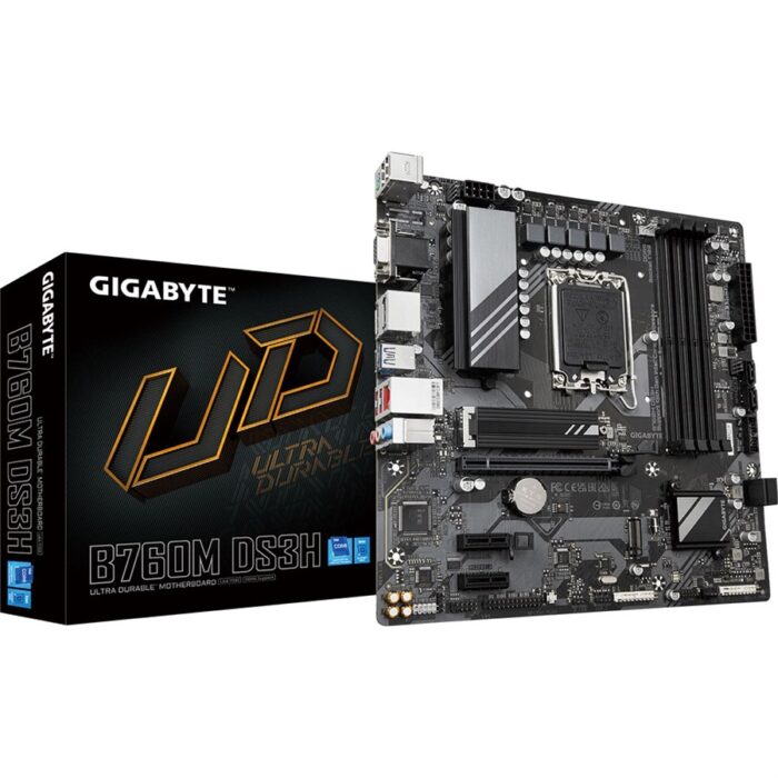 Gigabyte B760M DS3H DDR5 Micro ATX Motherboard for Intel LGA1700 14th, 13th, and 12th Gen CPUs – Top view with dual M.2 slots and DDR5 support