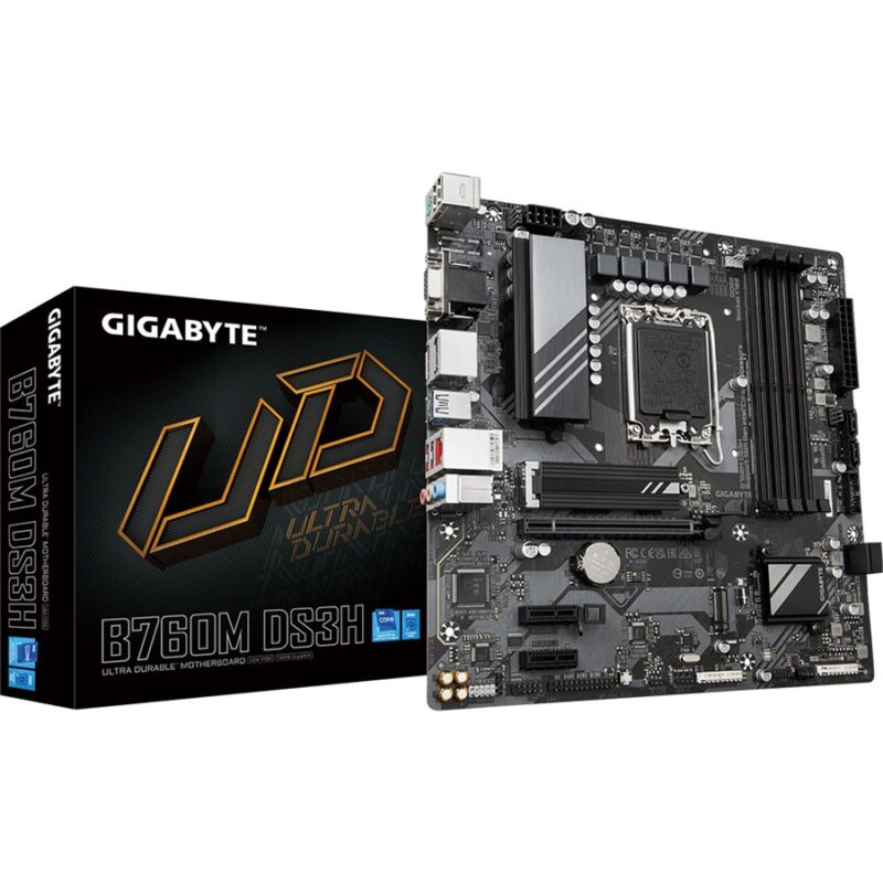 Gigabyte B760M DS3H DDR5 Micro ATX Motherboard for Intel LGA1700 14th, 13th, and 12th Gen CPUs – Top view with dual M.2 slots and DDR5 support
