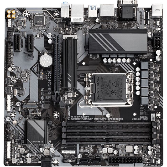 Gigabyte B760M DS3H DDR5 Micro ATX Motherboard for Intel LGA1700 14th, 13th, and 12th Gen CPUs – Top view with dual M.2 slots and DDR5 support