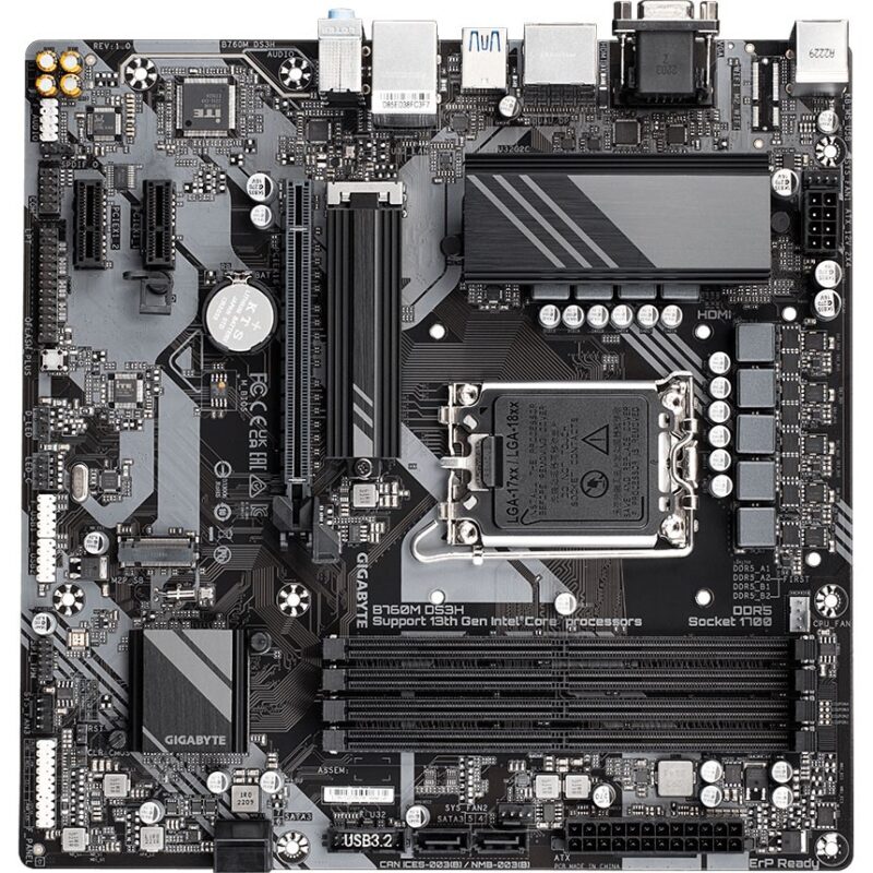 Gigabyte B760M DS3H DDR5 Micro ATX Motherboard for Intel LGA1700 14th, 13th, and 12th Gen CPUs – Top view with dual M.2 slots and DDR5 support