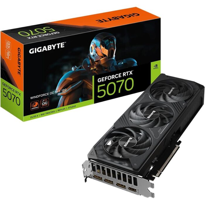 "Gigabyte GeForce RTX 5070 WINDFORCE OC SFF 12GB GDDR7 PCIe 5.0 Graphics Card with cooling fans and sleek design"