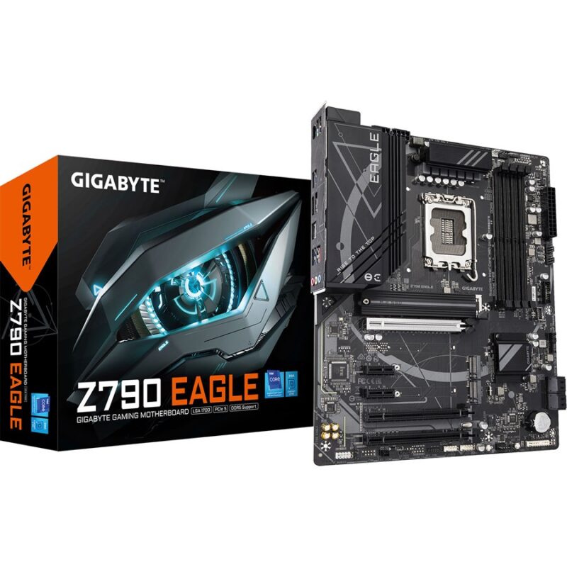 Gigabyte Z790 EAGLE Intel Gaming Motherboard – ATX form factor with LGA1700 socket, DDR5 memory slots, PCIe 5.0 support, and black heatsink design