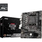 "MSI A520M-A PRO Gaming Motherboard top view showing AM4 socket and RAM slots"
