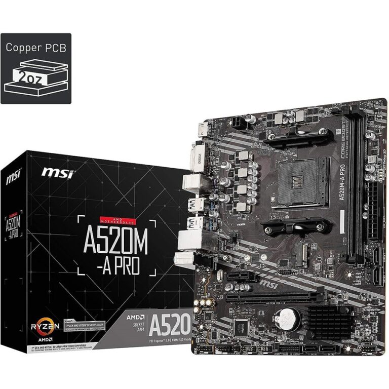 "MSI A520M-A PRO Gaming Motherboard top view showing AM4 socket and RAM slots"