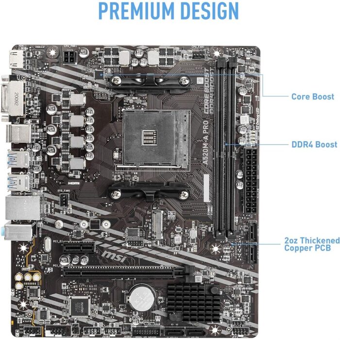 "MSI A520M-A PRO Gaming Motherboard top view showing AM4 socket and RAM slots"