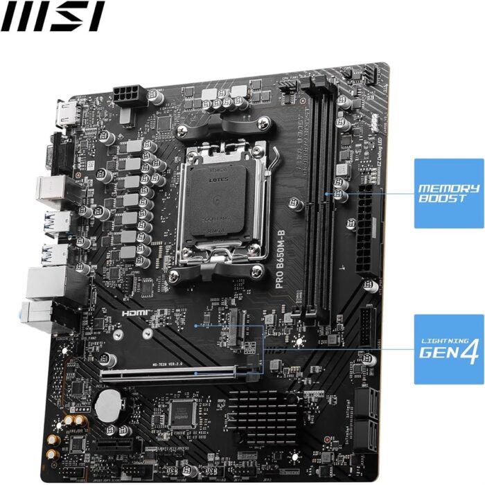 "Top view of MSI PRO B650M-B Micro-ATX motherboard for AMD AM5 with DDR5 support"
