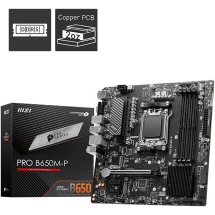 MSI Pro B650M-P DDR5 AMD AM5 microATX motherboard with PCIe 4.0, DDR5 memory support, and high-speed M.2 storage for next-gen performance.