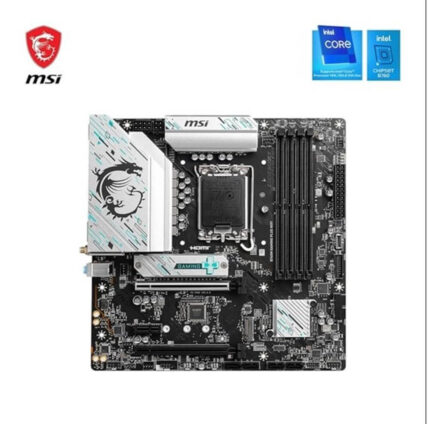MSI B760M Gaming Plus WiFi motherboard featuring a black microATX form factor with silver heatsinks, DDR5 RAM support, dual M.2 slots, PCIe 4.0 support, Wi-Fi 6E antenna connectors, and rear I/O with multiple USB ports and HDMI/DisplayPort outputs.