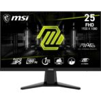 "24.5-inch flat Rapid IPS gaming monitor with Full HD (1920x1080) resolution, 180Hz refresh rate, 1ms response time, Adaptive-Sync, HDR support, and vivid color coverage (91% AdobeRGB, 96% DCI-P3, 127% sRGB). Features include anti-glare surface, frameless design, adjustable tilt, and multiple ports including DisplayPort and HDMI."