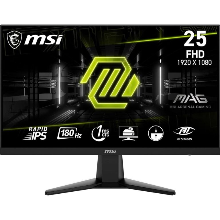 "24.5-inch flat Rapid IPS gaming monitor with Full HD (1920x1080) resolution, 180Hz refresh rate, 1ms response time, Adaptive-Sync, HDR support, and vivid color coverage (91% AdobeRGB, 96% DCI-P3, 127% sRGB). Features include anti-glare surface, frameless design, adjustable tilt, and multiple ports including DisplayPort and HDMI."