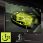 "24.5-inch flat Rapid IPS gaming monitor with Full HD (1920x1080) resolution, 180Hz refresh rate, 1ms response time, Adaptive-Sync, HDR support, and vivid color coverage (91% AdobeRGB, 96% DCI-P3, 127% sRGB). Features include anti-glare surface, frameless design, adjustable tilt, and multiple ports including DisplayPort and HDMI."