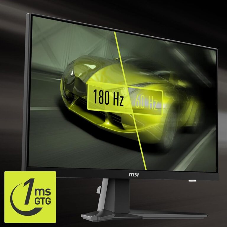 "24.5-inch flat Rapid IPS gaming monitor with Full HD (1920x1080) resolution, 180Hz refresh rate, 1ms response time, Adaptive-Sync, HDR support, and vivid color coverage (91% AdobeRGB, 96% DCI-P3, 127% sRGB). Features include anti-glare surface, frameless design, adjustable tilt, and multiple ports including DisplayPort and HDMI."