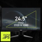 "24.5-inch flat Rapid IPS gaming monitor with Full HD (1920x1080) resolution, 180Hz refresh rate, 1ms response time, Adaptive-Sync, HDR support, and vivid color coverage (91% AdobeRGB, 96% DCI-P3, 127% sRGB). Features include anti-glare surface, frameless design, adjustable tilt, and multiple ports including DisplayPort and HDMI."