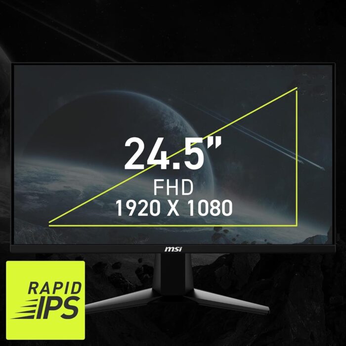 "24.5-inch flat Rapid IPS gaming monitor with Full HD (1920x1080) resolution, 180Hz refresh rate, 1ms response time, Adaptive-Sync, HDR support, and vivid color coverage (91% AdobeRGB, 96% DCI-P3, 127% sRGB). Features include anti-glare surface, frameless design, adjustable tilt, and multiple ports including DisplayPort and HDMI."