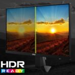 "24.5-inch flat Rapid IPS gaming monitor with Full HD (1920x1080) resolution, 180Hz refresh rate, 1ms response time, Adaptive-Sync, HDR support, and vivid color coverage (91% AdobeRGB, 96% DCI-P3, 127% sRGB). Features include anti-glare surface, frameless design, adjustable tilt, and multiple ports including DisplayPort and HDMI."