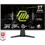 "27-inch WQHD monitor with Rapid IPS panel, featuring a 2560x1440 resolution, 180Hz refresh rate, 0.5ms response time, HDR Ready, and Adaptive-Sync technology. It offers wide viewing angles (178° H/V), 101% sRGB color coverage, and a sleek frameless design. The monitor includes 1 DisplayPort 1.4, 2 HDMI 2.0b ports, and a headphone-out jack, with tilt adjustment and VESA mounting compatibility."