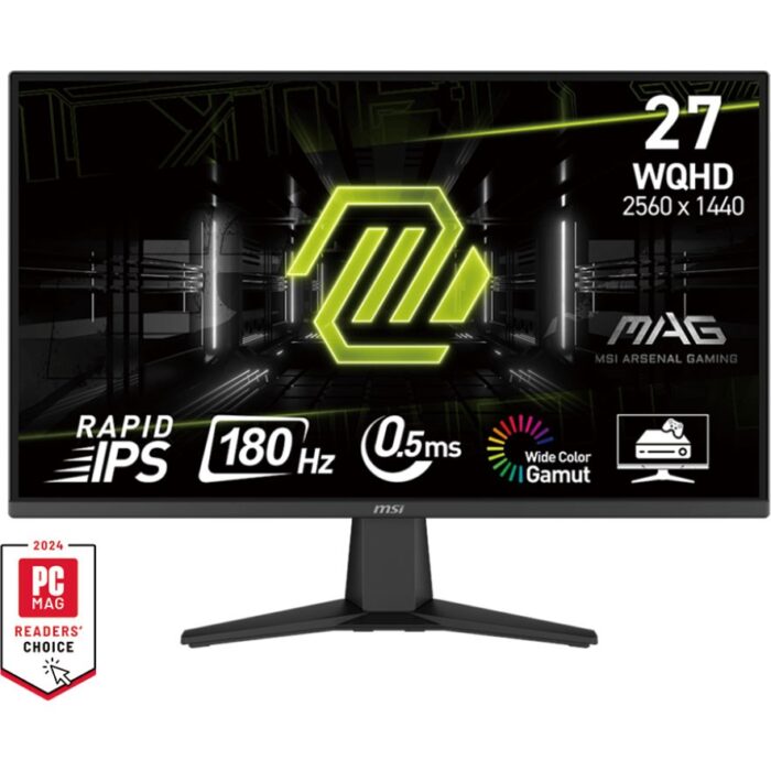 "27-inch WQHD monitor with Rapid IPS panel, featuring a 2560x1440 resolution, 180Hz refresh rate, 0.5ms response time, HDR Ready, and Adaptive-Sync technology. It offers wide viewing angles (178° H/V), 101% sRGB color coverage, and a sleek frameless design. The monitor includes 1 DisplayPort 1.4, 2 HDMI 2.0b ports, and a headphone-out jack, with tilt adjustment and VESA mounting compatibility."