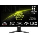 "27-inch curved gaming monitor with 1500R curvature, Full HD (1920x1080) resolution, 280Hz refresh rate, 0.5ms response time, Adaptive-Sync, HDR Ready, and wide color gamut (102% sRGB). Features DisplayPort 1.4a, dual HDMI 2.0b, anti-glare surface, and frameless design."