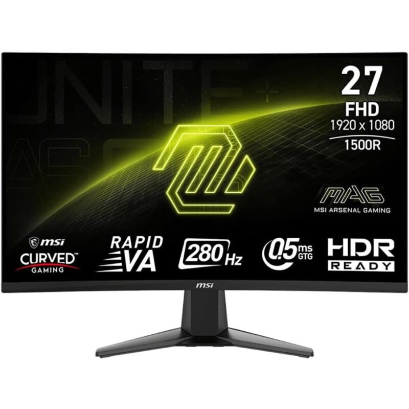 "27-inch curved gaming monitor with 1500R curvature, Full HD (1920x1080) resolution, 280Hz refresh rate, 0.5ms response time, Adaptive-Sync, HDR Ready, and wide color gamut (102% sRGB). Features DisplayPort 1.4a, dual HDMI 2.0b, anti-glare surface, and frameless design."