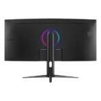 "34-inch ultra-wide curved VA monitor with 3440x1440 UWQHD resolution, 1500R curvature, 180Hz refresh rate, 1ms response time, AMD FreeSync Premium, HDR support, frameless design, and ergonomic stand with full tilt, swivel, pivot, and height adjustment."