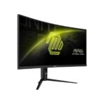 "34-inch ultra-wide curved VA monitor with 3440x1440 UWQHD resolution, 1500R curvature, 180Hz refresh rate, 1ms response time, AMD FreeSync Premium, HDR support, frameless design, and ergonomic stand with full tilt, swivel, pivot, and height adjustment."