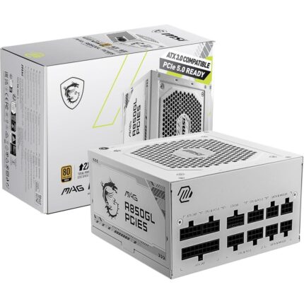 "A detailed product specifications table for an 850W fully modular power supply unit. Features include 80 PLUS Gold efficiency (up to 90%), a 120mm Fluid Dynamic Bearing fan, Active PFC, compact dimensions (140 x 150 x 86 mm), support for 1700W power excursion, and a full set of protection mechanisms (OCP, OVP, OPP, OTP, SCP, UVP). Connector types include ATX 24-pin, EPS 4+4 pin, PCI-E 5.0 16-pin (600W), PCI-E 6+2 pin, SATA, Peripheral, and FDD."