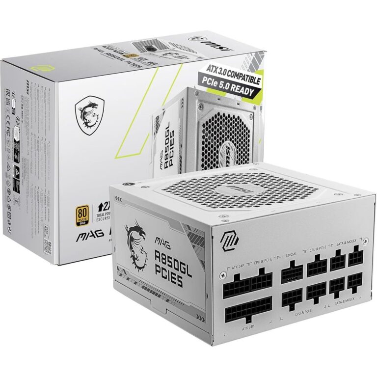 "A detailed product specifications table for an 850W fully modular power supply unit. Features include 80 PLUS Gold efficiency (up to 90%), a 120mm Fluid Dynamic Bearing fan, Active PFC, compact dimensions (140 x 150 x 86 mm), support for 1700W power excursion, and a full set of protection mechanisms (OCP, OVP, OPP, OTP, SCP, UVP). Connector types include ATX 24-pin, EPS 4+4 pin, PCI-E 5.0 16-pin (600W), PCI-E 6+2 pin, SATA, Peripheral, and FDD."
