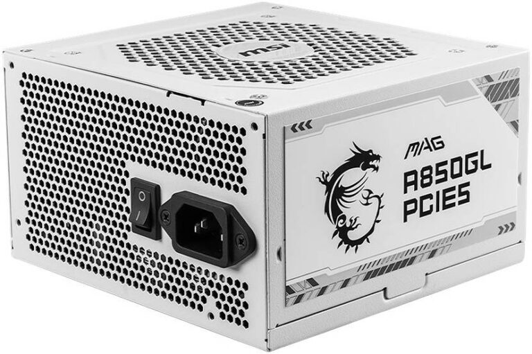 "A detailed product specifications table for an 850W fully modular power supply unit. Features include 80 PLUS Gold efficiency (up to 90%), a 120mm Fluid Dynamic Bearing fan, Active PFC, compact dimensions (140 x 150 x 86 mm), support for 1700W power excursion, and a full set of protection mechanisms (OCP, OVP, OPP, OTP, SCP, UVP). Connector types include ATX 24-pin, EPS 4+4 pin, PCI-E 5.0 16-pin (600W), PCI-E 6+2 pin, SATA, Peripheral, and FDD."