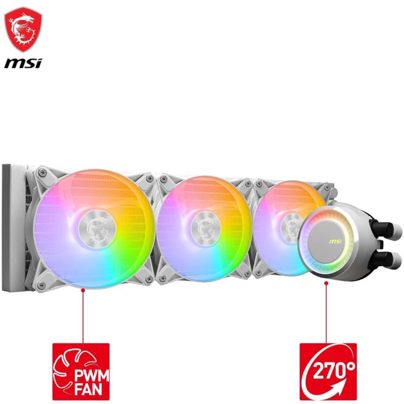 Alt Text: 360mm liquid CPU cooler with triple 120mm ARGB fans, aluminum radiator, copper cold plate, and PWM control; compatible with Intel LGA 1150–1851 and AMD AM4, AM5, TR4 sockets; includes accessories such as thermal paste and fan splitter cables.