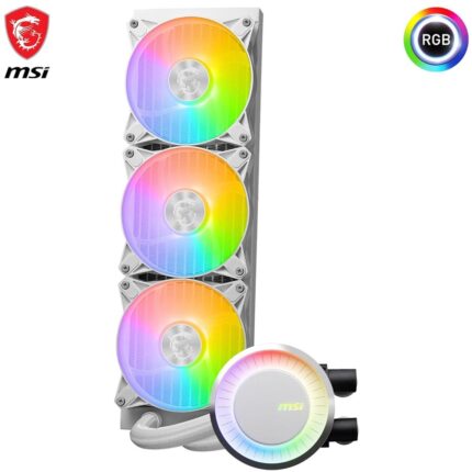 Alt Text: 360mm liquid CPU cooler with triple 120mm ARGB fans, aluminum radiator, copper cold plate, and PWM control; compatible with Intel LGA 1150–1851 and AMD AM4, AM5, TR4 sockets; includes accessories such as thermal paste and fan splitter cables.