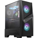 MAG FORGE 100R Mid Tower Gaming Computer Case with tempered glass side panel and RGB fans, showcasing sleek black design and efficient airflow."
