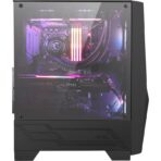 MAG FORGE 100R Mid Tower Gaming Computer Case with tempered glass side panel and RGB fans, showcasing sleek black design and efficient airflow."