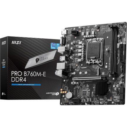 "Intel B760 mATX motherboard with LGA 1700 socket, dual DDR4 memory slots, PCIe 4.0 x16 slot, HDMI and VGA ports, M.2 and SATA storage options, USB 2.0 and USB 5Gbps ports, and Realtek Gigabit LAN."