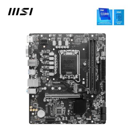 "Intel B760 mATX motherboard with LGA 1700 socket, dual DDR4 memory slots, PCIe 4.0 x16 slot, HDMI and VGA ports, M.2 and SATA storage options, USB 2.0 and USB 5Gbps ports, and Realtek Gigabit LAN."