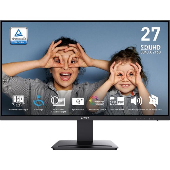 A 27-inch 4K UHD IPS monitor with a 60Hz refresh rate, 4ms response time, and HDR support. It features wide 178° viewing angles, 300 cd/m² brightness, and a high contrast ratio of 1000:1. The monitor covers 93% Adobe RGB, 98% DCI-P3, and 130% sRGB color gamuts, with a 10-bit color depth and 1.07 billion colors. Connectivity includes 2x HDMI 2.0b, 1x DisplayPort, and headphone-out. The monitor also offers tilt adjustment, VESA mounting compatibility, and energy-efficient design.