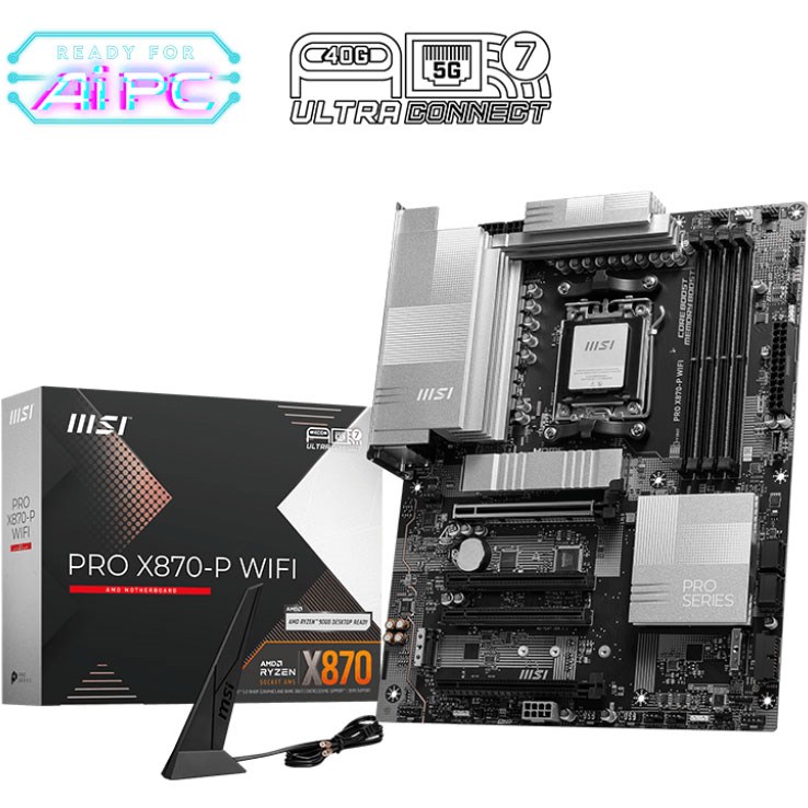 “AMD X870 motherboard with DDR5, PCIe 5.0, USB4, Wi-Fi 7.”