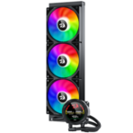 "REDRAGON CCW-1017 360 ARGB CPU Liquid Cooler with three 120mm RGB fans and digital temperature display, front view."