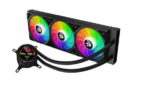 "REDRAGON CCW-1017 360 ARGB CPU Liquid Cooler with three 120mm RGB fans and digital temperature display, front view."