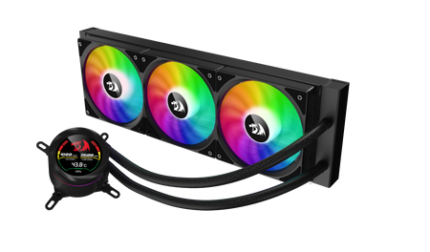 "REDRAGON CCW-1017 360 ARGB CPU Liquid Cooler with three 120mm RGB fans and digital temperature display, front view."