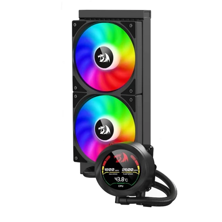 "REDRAGON CCW-1019 240mm CPU Liquid Cooler featuring dual 120mm ARGB fans, a sleek radiator, and real-time temperature display panel – optimized for efficient, quiet cooling with customizable RGB lighting."
