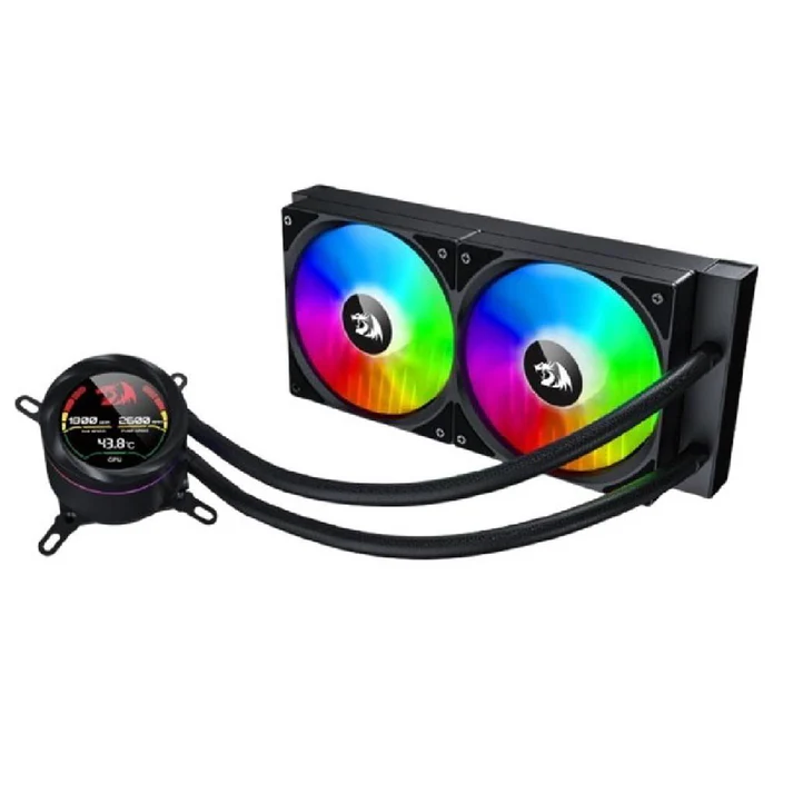 "REDRAGON CCW-1019 240mm CPU Liquid Cooler featuring dual 120mm ARGB fans, a sleek radiator, and real-time temperature display panel – optimized for efficient, quiet cooling with customizable RGB lighting."
